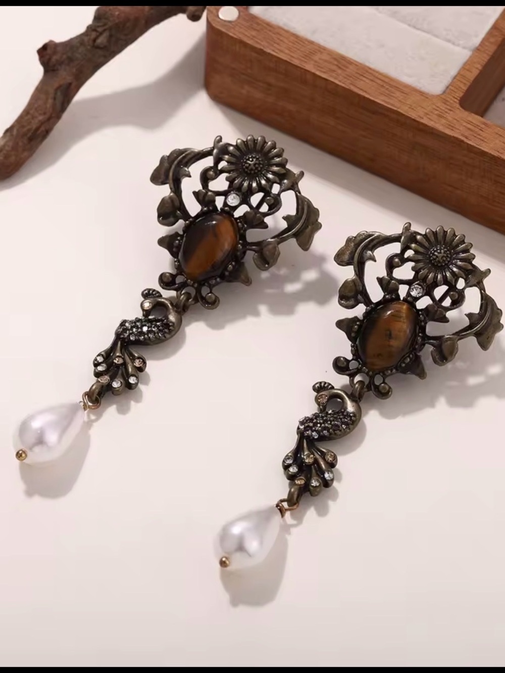 Antique Brass Floral Drop Earrings with Brown Stone and Pearl